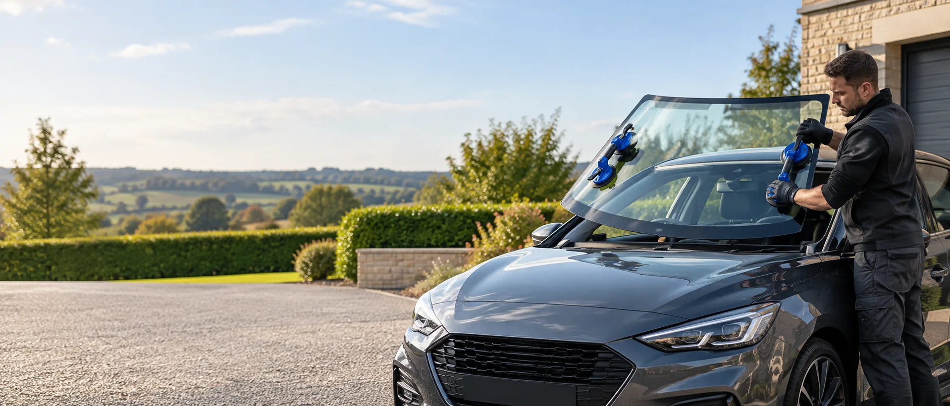 Mobile windscreen fitting technician working safely on a car windscreen in a British driveway